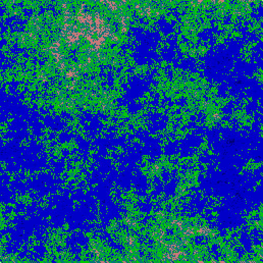 Fig. 3. Apariencia continental en bruto. Los diferentes niveles de altura son establecidos a partir de parámetros del generador de mundos. Se asignan valores discretos a cada elemento de la estructura basado en su posición en los rangos de altura.