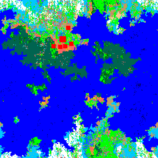 Fig. 7. Resultados Físicos Finales. Después de combinar el tipo de terreno, la temperatura y la lluvia, diferentes biomas son creados en el mundo de acuerdo a una tabla de transformaciones