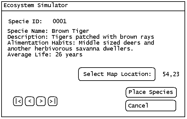 Fig. 10. Interfaz de un Simulador de Ecosistemas: Un programa para simular ecosistemas tendría una interfaz similar a esta que permitiría el posicionamiento de los diferentes actores antes de ejecutar la simulación.