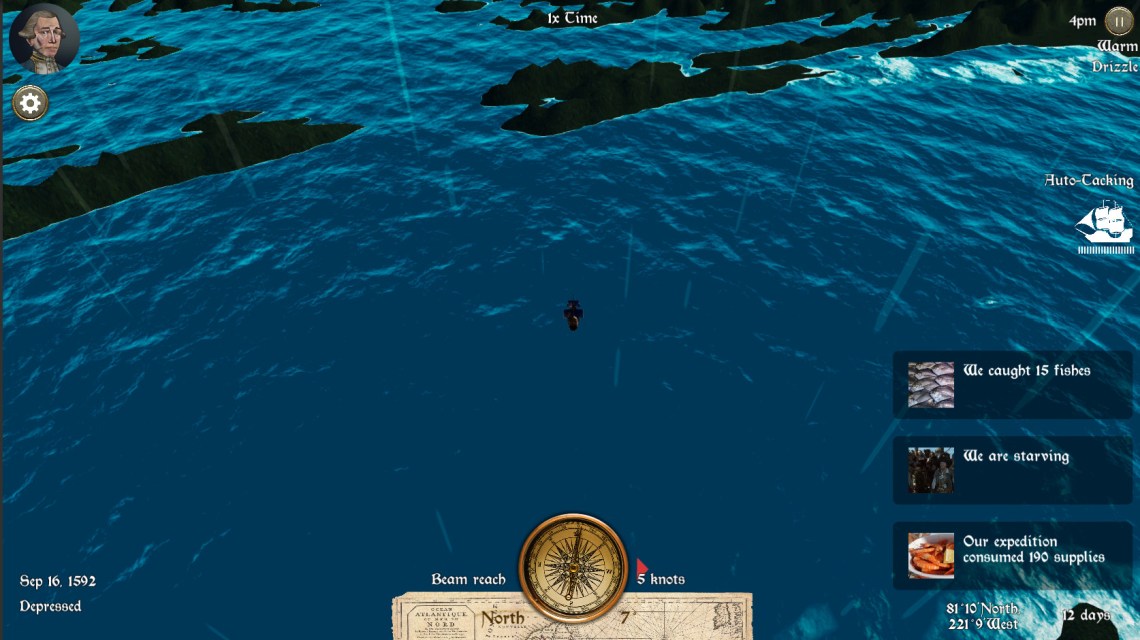 Ship in an open ocean, notification of events happening including catching 17 fishes, consuming 190 supplies, and starving.