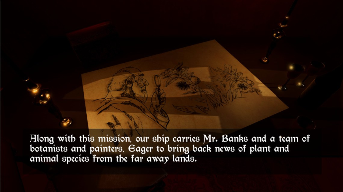 Desk with a drawing of a naturalist inspecting a plant.